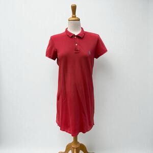 Polo Ralph Lauren Mesh Mini Shirt Dress Sz L Red Button Collar Preppy Heritage